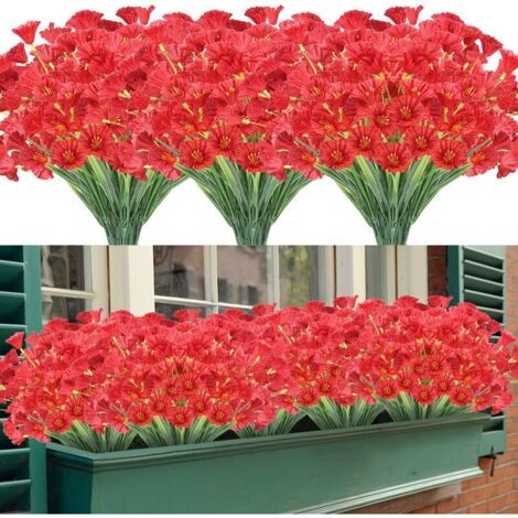 Fleurs artificielles, 12 paquets de fleurs artificielles résistantes aux UV, pas de décoloration, faux buissons en plastique, décorations de jardinière pour porche de jardin (rouge foncé)