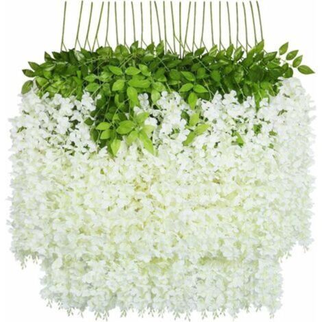 Fleurs Artificielles, 24 Pièces Artificielles Faux Glycine Vigne Suspendus Fleurs En Soie Décor De Fête De Mariage À La Maison (24 Pièces, 110 Cm / Chaque Brin, Blanc)