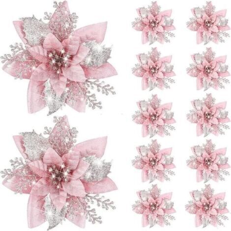 Fleurs Artificielles à Paillettes de 14.5cm,10 Pièces, Décoration d\'Arbre de Noël, Ornements de Noël, Fausses Fleurs Natales-Rose