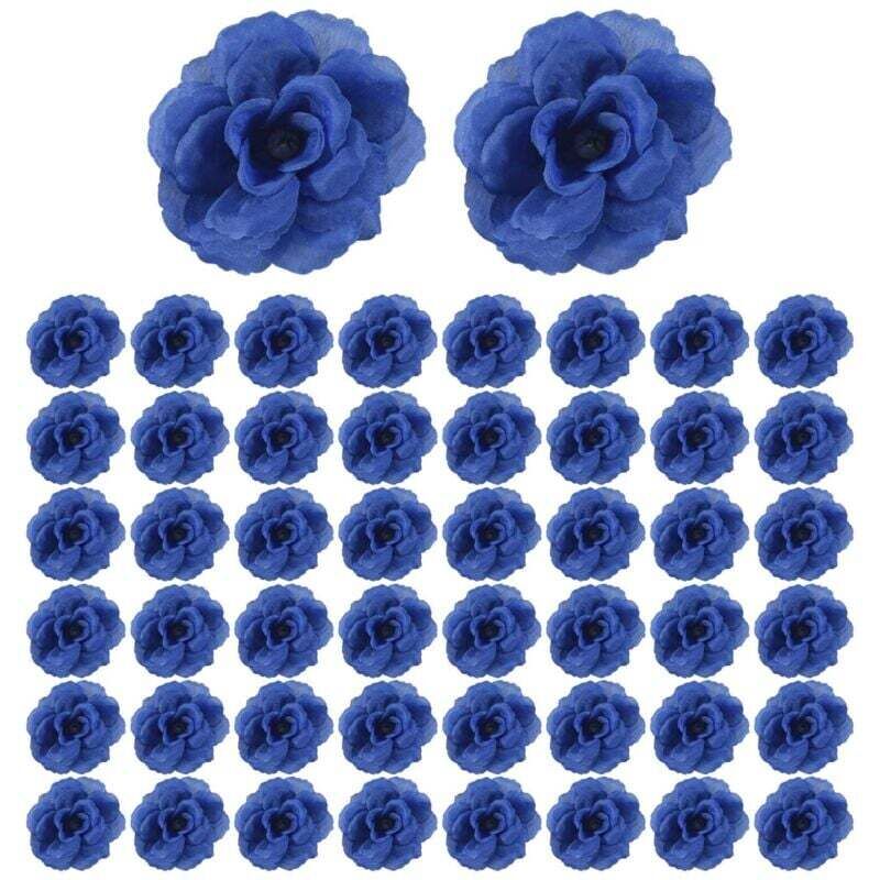 Fleurs Artificielles en Soie Rose TêTes de Fleurs, 50 PièCes pour la DéCoration D'Album VêTements Chapeau, Mariage (Bleu Foncé)