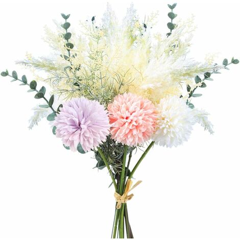 Fleurs Artificielles Hortensias en Soie avec Branche Eucalyptus et Herbe de Pampas Bouquet Fleur Artificielle Blanc pour Bouquet de Mariée Vase Maison Table Cadeaux