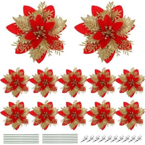 Fleurs Artificielles - Non spécifié - 12 Pièces - Or et Rouge - Décoration de Noël - Poinsettia Scintillant
