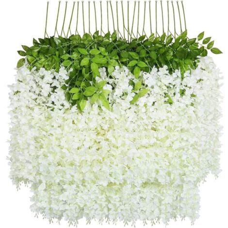 Fleurs artificielles　24 Pcs/100cm Glycine Artificielle Guirlande de Fleurs Artificielles Blanche Feuilles Vertes avec Fleurs Plastiques Suspendues Vigne Plante Suspendue Plastique Mariage Décor Murale