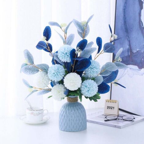 Fleurs Artificielles,Plante Artificielle Interieur,Bleu Style Méditerranéen Fleur Artificielle,pour La Maison Bricolage Bureau Décoration de Mariage(Fleurs artificielles, Vase) Ensemble