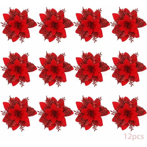 Fleurs de Noël, 12 Fleurs de Noël à Paillettes, Fleur de Noël à Paillettes Creuses, Poinsettia Arbre de Noël Fleurs Artificielles Décor Ornement, Décoration,Noël (Red-B)