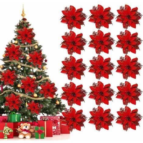 Fleurs de Noël, 15 pcs Fleurs pour Sapin de noël, Decoration Noel Sapin, Fleurs artificielles de Poinsettia, pour Arbre de Noël, fête d'anniversaire (Rouge)