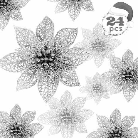 Fleurs de Noël, 24 fleurs de Noël scintillantes, fleur de Noël creuse à paillettes, poinsettia arbre de Noël fleurs artificielles décor ornement, décoration pour fête de mariage Noël (argent)