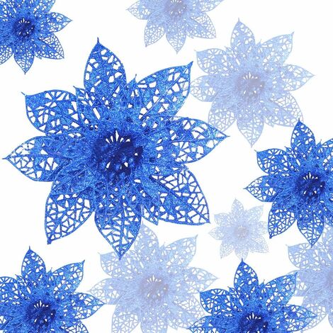 Fleurs de Noël, 24 fleurs de Noël scintillantes, fleur de Noël creuse à paillettes, poinsettia arbre de Noël fleurs artificielles décor ornement, décoration pour fête de mariage Noël (bleu)