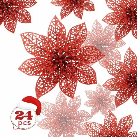 Fleurs de Noël, 24 fleurs de Noël scintillantes, fleur de Noël creuse à paillettes, poinsettia arbre de Noël fleurs artificielles décor ornement, décoration pour fête de mariage Noël (rouge)