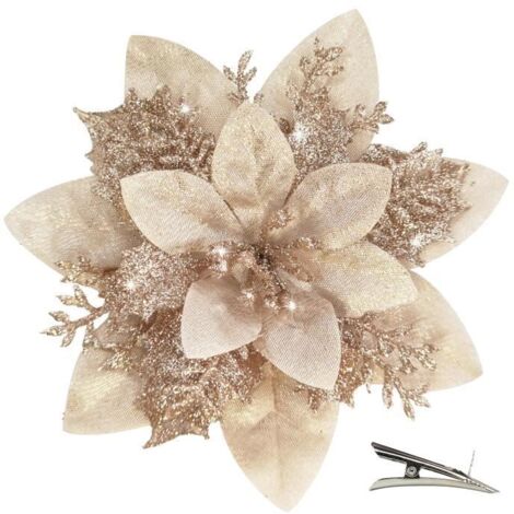 Fleurs de Noël Artificielles - 20 Pièces - Champagne - Avec Clip - Décoration Sapin