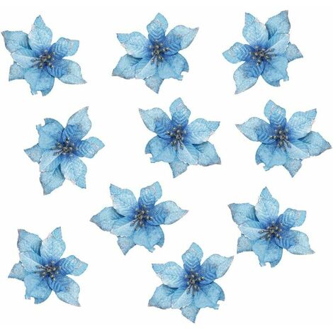Fleurs de Noël Mariage artificiel Fleurs de Noël Décorations d'arbre de Noël à paillettes (10 pcs) (Bleu)