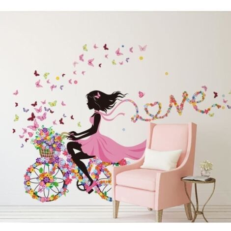 (Fleurs, Papillons, Fée, Vélo)Stickers Muraux - Fille - Fleurs et Papillons - Décoration Chambre Enfants - Amovibles - Non Toxiques