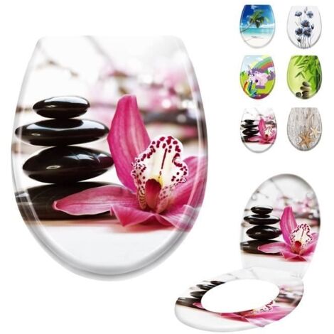 (Fleurs rouges et pierres)Abattant WC - LARS360 - Ovale - Fleurs rouges et pierres - Polypropylène - Fermeture douce