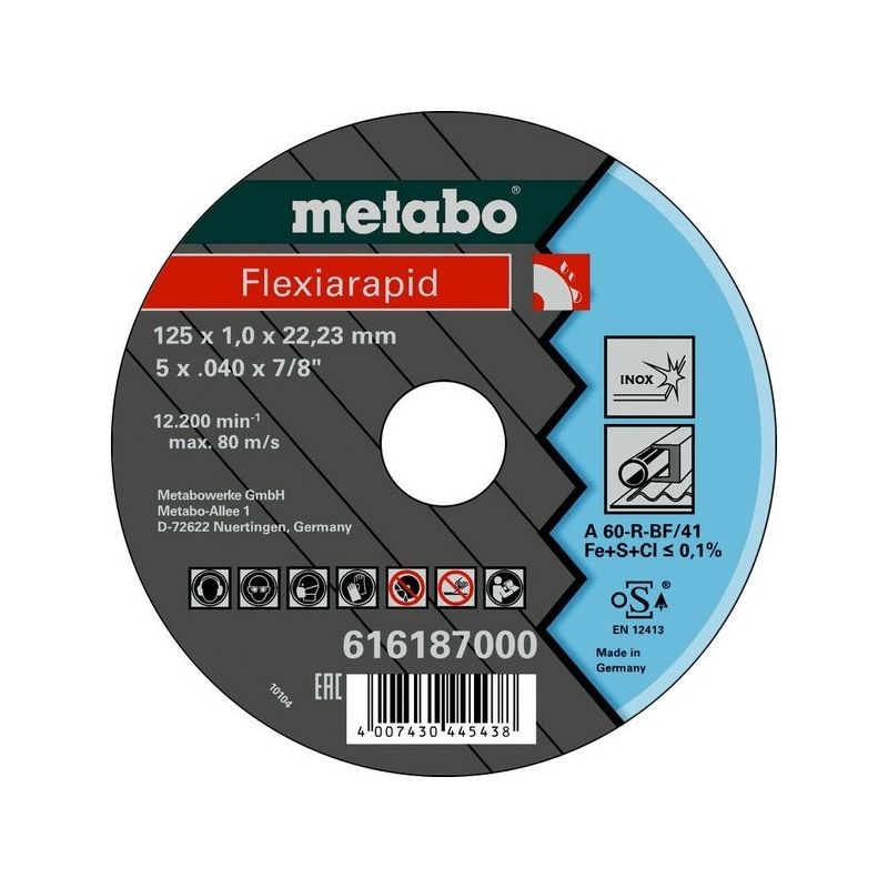 

616187000 Disco de tronzar plano amoladora angular Flexiarapid A60-R para inoxidable 125x1x22,23 mm (Envase 25 Ud) - Metabo