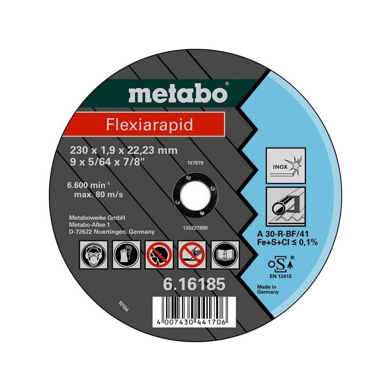 

616183000 Disco de tronzar plano amoladora angular Flexiarapid A30-R para inoxidable 150x2x22,23 mm (Envase 25 Ud) - Metabo