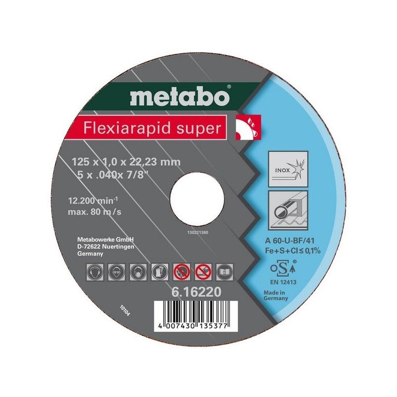 

Metabo 616217000 Disco de tronzar embutido amoladora angular Flexiarapid Super A60-U para inox 115x1x22,23 mm (Envase 25 Ud)