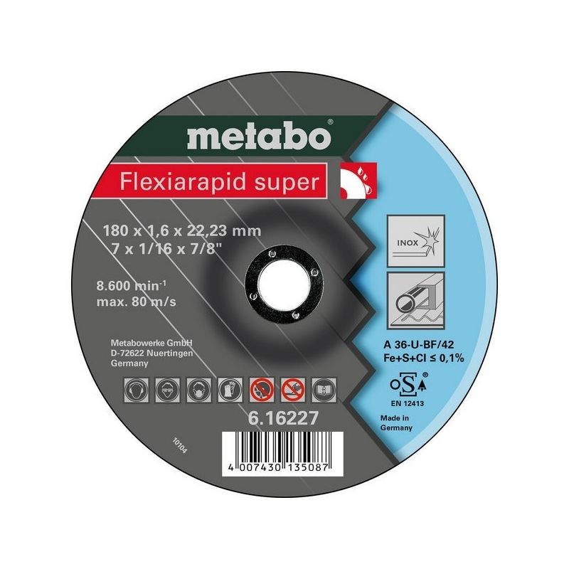 

616227000 Disco de tronzar embutido amoladora angular Flexiarapid Super A46-U para inox 180x1,6x22,23 mm (Envase 25 Ud) - Metabo