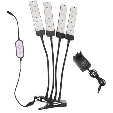 Flexible 4-flammige LED-Pflanzenlampe, Vollspektrum, 5 Helligkeitsstufen, Timer, Klemme, 100–240 V EU-Stecker