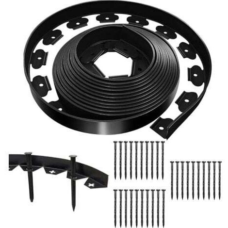 Flexible black lawn edging, 10 m x 5 cm, with 30 fixing nails, outdoor plastic garden edging, garden edging roll