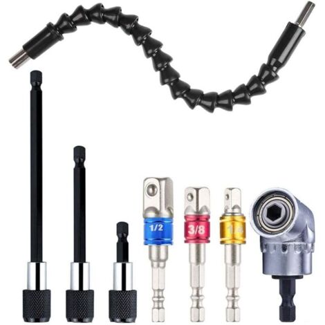 Flexible Bohrerverlängerung (1 Stück) + Winkelbohreradapter (1 Stück) + Schlagschrauberbits (3 Stück) + Schraubendreherbithalter (3 Stück) – 1/4"-Verlängerungsschaft