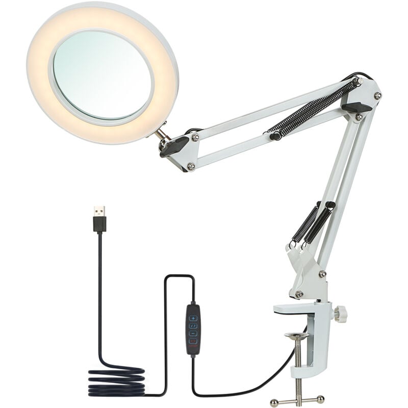 Lifcausal - Lampe de table flexible à pince avec loupe 8x, bras pivotant, led à intensité variable, lampe de bureau, 3 modes de couleur et 10 niveaux
