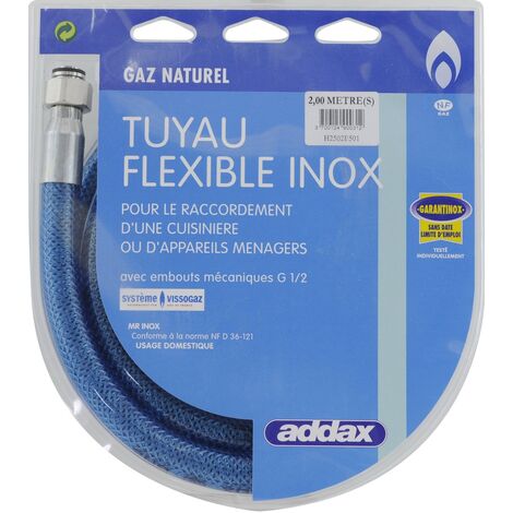 Flexible inox pour gaz naturel 2m – Norme NF D36-121 – Embouts G1/2 – Utilisation sécurisée et durable – Addax - H2502E601