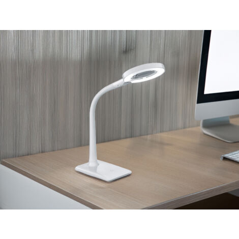 Flexible LED Schreibtischlampe LUPO weiß mit Lupe, 3-fach Dimmer