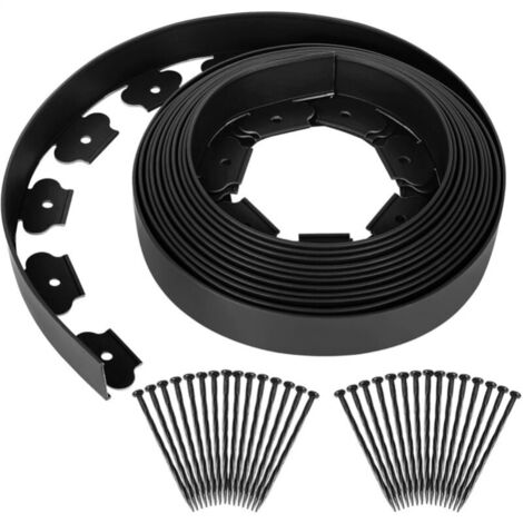 Flexible Rasenkante aus Kunststoff für Gärten, trennt Gras und Steine, mit 30 Befestigungsnägeln, 10 m lang, schwarz, 5 cm hoch