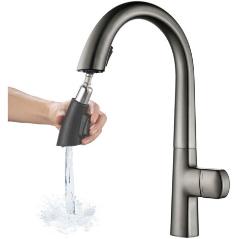 Flexible Robinet Cuisine Gris, Mitigeur Cuisine Avec Douchette, Rotation à 360°, Arc Haut, 2 Modes De PulvéRisation, Robinet Evier De Cuisine En Laiton