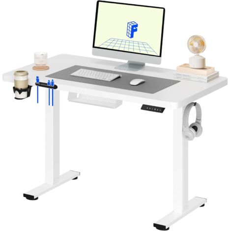 Bureau Gaming Assis-debout électrique SANODESK 140x60cm Blanc - Mémoire Hauteur 73-118cm, Charge 60kg, Anti-collision, Crochets Et Porte-gobelet Inclus
