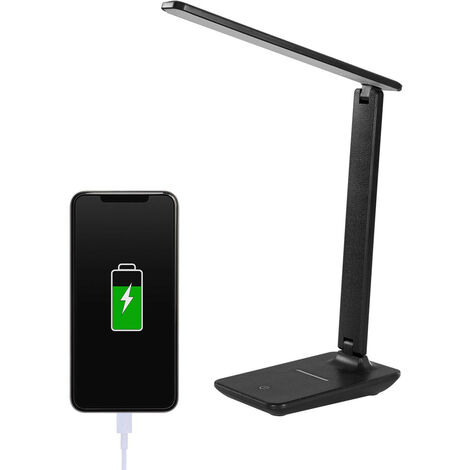 Flexo LED con Cargador Inalámbrico USB | 7hSevenOn | Lámpara Flexo Integrado 9W 350lm Regulable 3000-6000K Negro | Lámpara Sin Cable para Escritorio, Oficina, Despacho o Mesa de Estudio - Negro