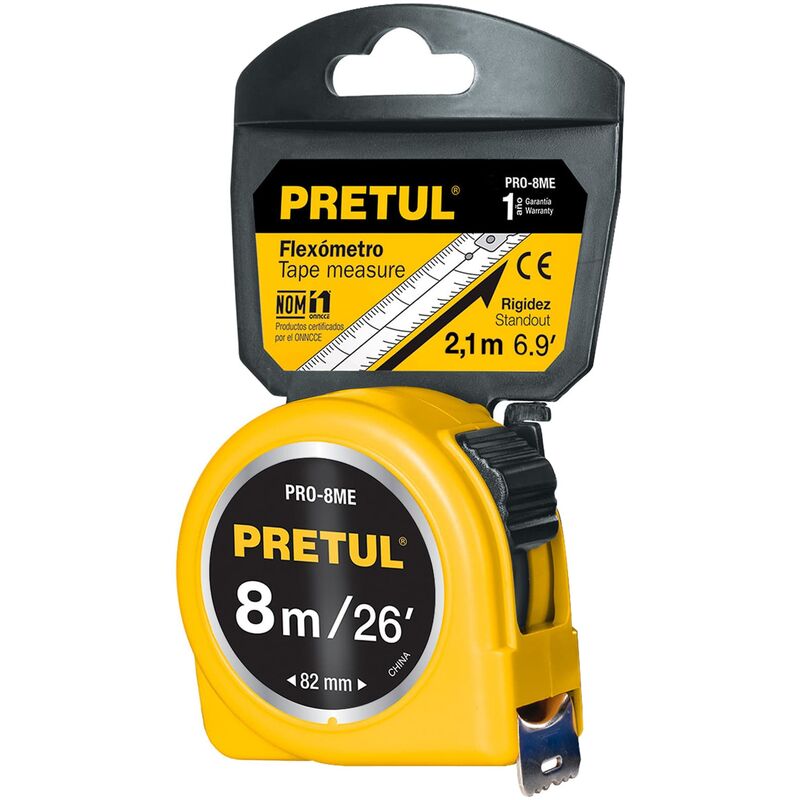 

Flexómetro, amarillo, 8m, cinta 25mm - Pretul