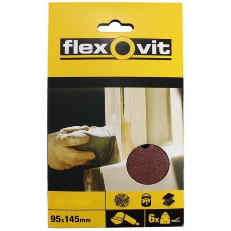 FLEXOVIT papel velcro mouse p-60 95x145mm. blist-6 , Hoja de óxido de aluminio para lijadoras triangulares. - Tamaño: 95X145 mm. - Grano: 60. - Grosor: Grueso.