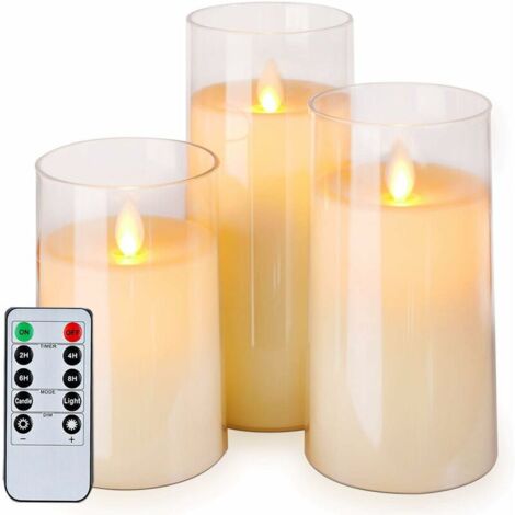 Flickering white candles without flame, with remote control and timer, set of 3