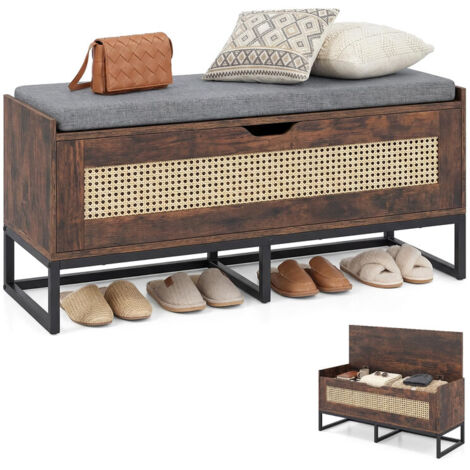 Flip-Top Shoe Bench, 100cm Rattan Storage Chest & Shoe Rack with Padded Seat Cushion, Hidden Hallway Bench & Bed-End Stool Shoe Organizer for Entryway & Bedroom