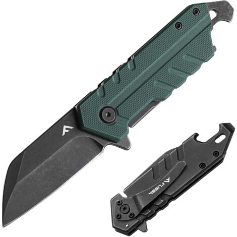 FLISSA Couteau de Poche Multifonction, Couteau Pliant avec Manche en G10, Ouvre-bouteille, Clip de Ceinture, Cadeau d‘Outil pour Camping, Randonnée, Voyage, Alpinisme, Vert