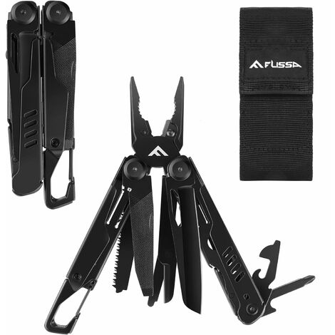 FLISSA Pince Multifonction en Acier Inoxydable 15 en 1 avec Découpage de Précision, Couteau Multifonction avec Etui Pince Scie Tournevis Lime Mousqueton pour Survie Camping Randonnée (Noir)