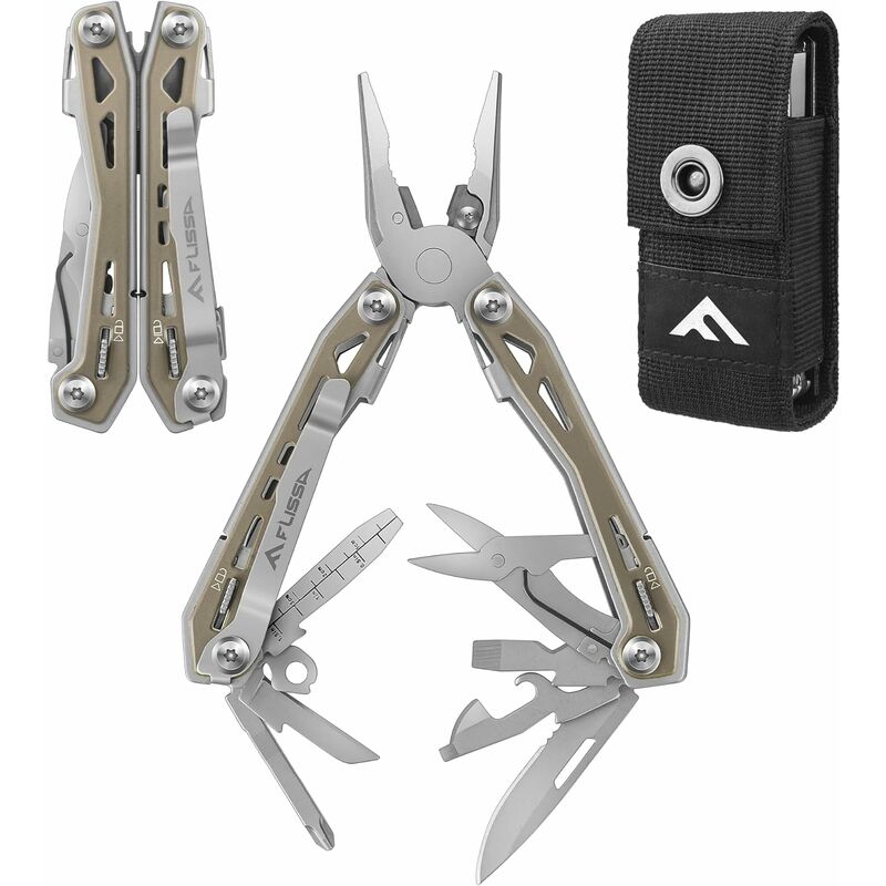 Flissa - Pince Multifonction en Acier Inoxydable 16 en 1 avec Verrou de Sécurité, Couteau Multifonction avec Etui Pince Règle Tournevis Lime pour