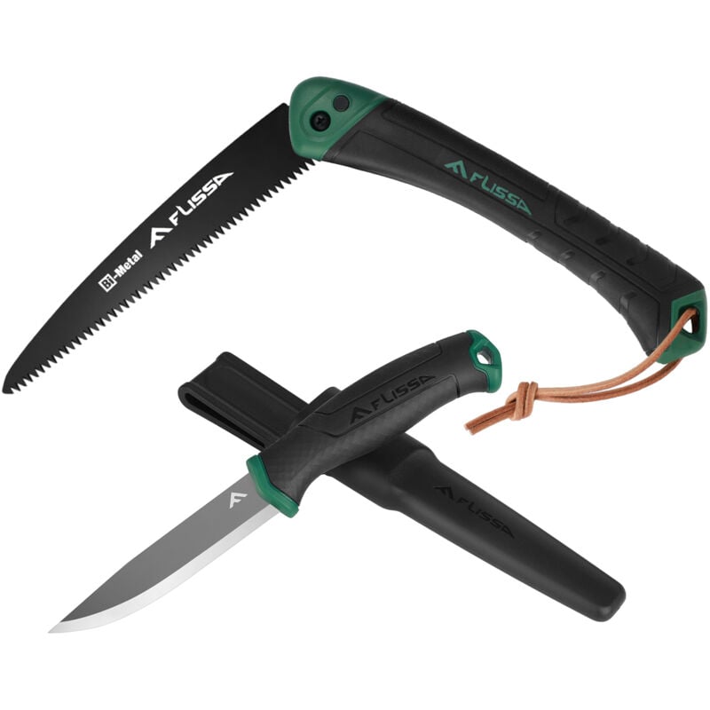 Flissa - Scie Pliante et Couteau de Survie à Lame Fixe avec Gaine, Scie à Elaguer Scie à Main Couteau de Poche Multifonction pour Extérieur, Camping,
