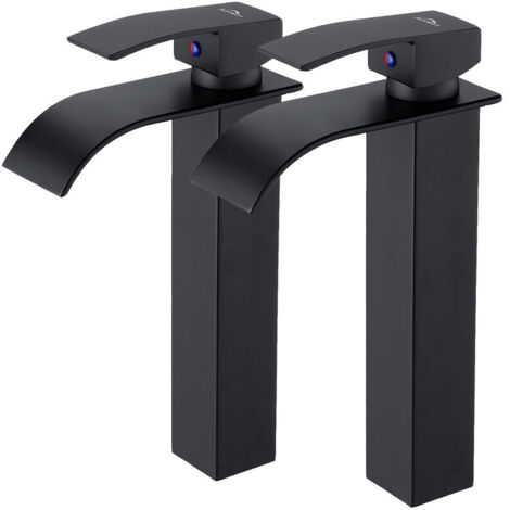 FlkwoH 2PCS Robinet Lavabo Cascade Noir Bec Haut Moderne Mitigeur Robinet Salle Bain pour Vasque à Poser Robinetterie Convient pour le Lavabo au-dessus du Comptoir
