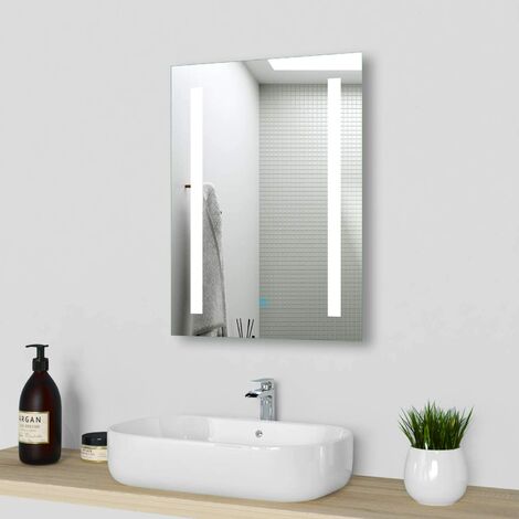 FlkwoH 450 x 600 beleuchteter Badezimmer-Wandspiegel mit LED-Leuchten, IP44, Berührungssensor