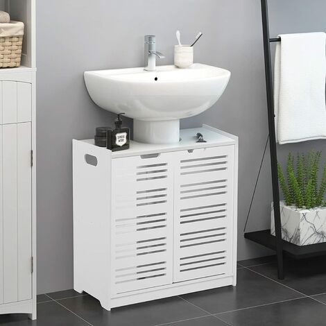 FlkwoH Badezimmer-Waschtischunterschrank, bodenstehend, Waschtischunterschrank, Mehrzweck mit Doppeltür, Unterschrank, weiß, 60 x 30 x 60 cm