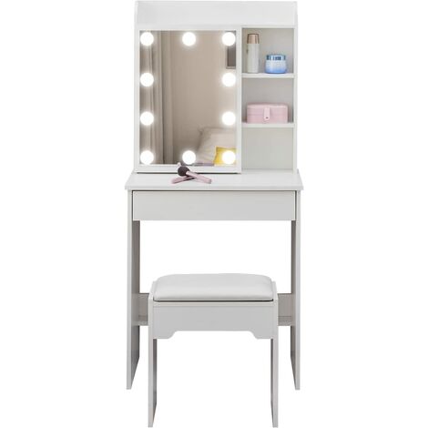 FlkwoH Coiffeuse avec miroir coulissant et lumières - Bureau de maquillage blanc avec 1 tiroir - Lumières LED Hollywood - Coiffeuse pour chambre de fille
