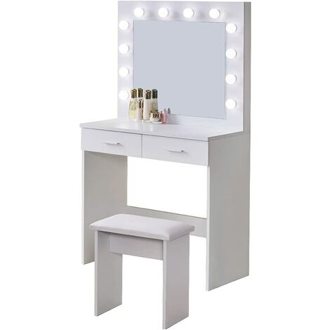 FlkwoH Coiffeuse Table avec Lumières LED Hollywood Mirror 2 Tiroirs 3 Étagères Blanc Table de Maquillage Coiffeuse e Tabouret Rembourré pour Chambre
