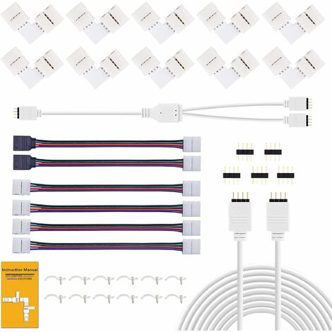 FlkwoH Connecteur LED, Comprend 10 Connecteurs En Forme De L, 2m De Câble de Rallonge Pour Bande LED, 4 Câbles de Rallonge Pour Bande LED, 5 Connecteurs Mâles 4 Broches