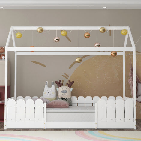 FlkwoH Hausbett 90x200 cm – vielseitiges Kinderbett aus Holz für Jungen und Mädchen – mit Fallschutz und Lattenrost – weiß (ohne Matratze)