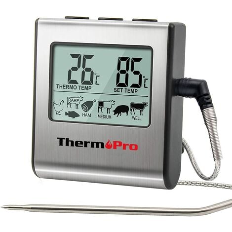 FlkwoH TP16 Digitales Fleischthermometer Kochthermometer mit langem Lebensmitteltemperaturfühler aus Edelstahl für Flüssigkeiten, Ofen, Räucherofen, Grill, Süßigkeiten, Öl, Frittierthermometer mit Tim