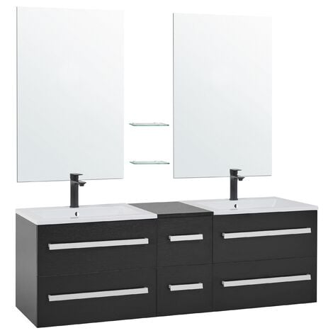 Floating Bathroom Vanity Double Sink 2 Mirrors Drawers Storage Black Madrid - Black