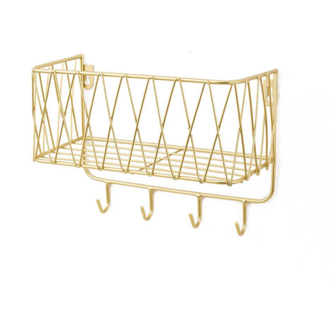 Floating wall shelf with metal grid and hooks, towel rack, home decor