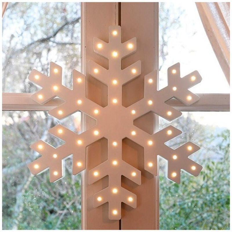 Flocon De Neige Bois Blanc Led Blanc Chaud a Pile a Suspendre